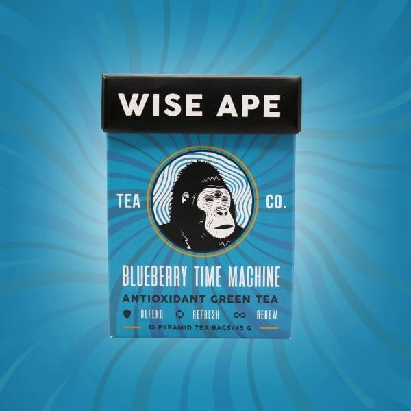 Blueberry Time Machine super antioxidant green tea with moringa, bilberry, and butterfly pea flower for immune support.