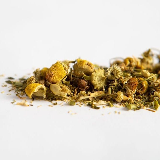Loose leaf Sleepytime tea with skullcap herb, valerian root, and chamomile for sleep