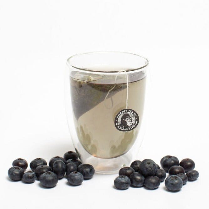 Blueberry Time Machine super antioxidant green tea with moringa, bilberry, and butterfly pea flower for immune support.